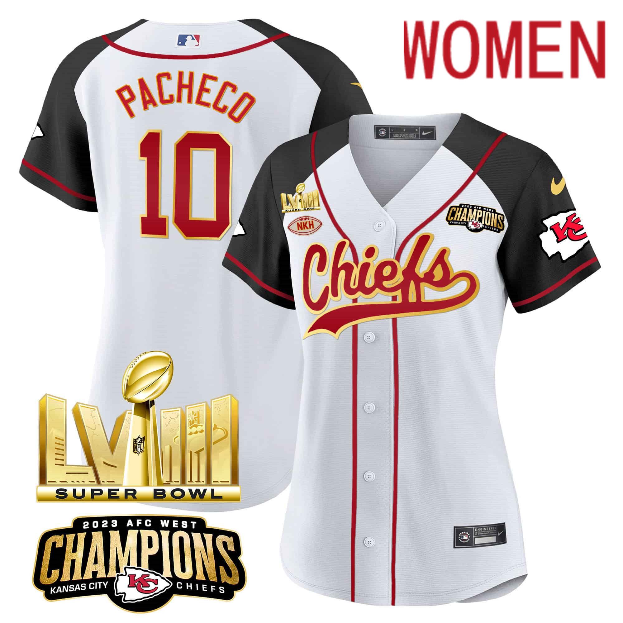 Women Kansas City Chiefs 10 Pacheco White 2024 Nike Super Bowl LVIII Back 2 Back Gold Patch Baseball NFL Jersey style 1